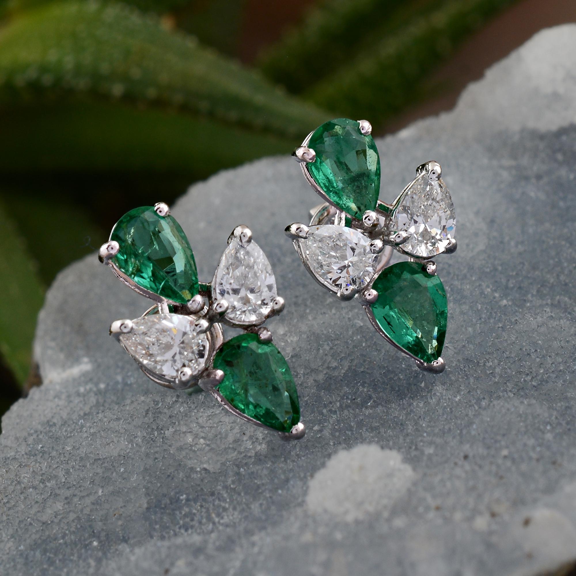 Modern Natural Emerald Stud Earrings Diamond 18 Karat White Gold Handmade Jewelry For Sale