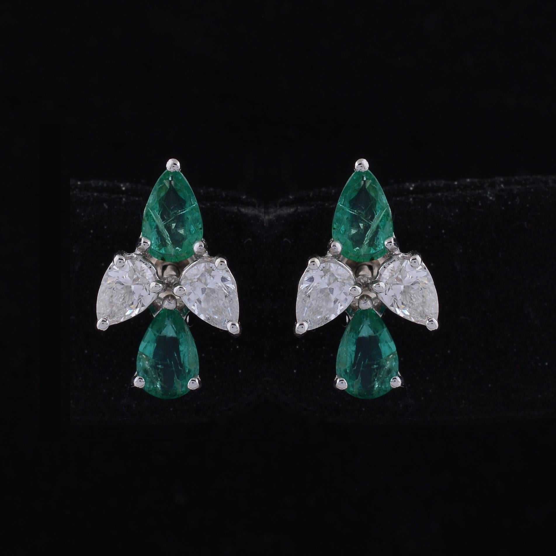 Pear Cut Natural Emerald Stud Earrings Diamond 18 Karat White Gold Handmade Jewelry For Sale