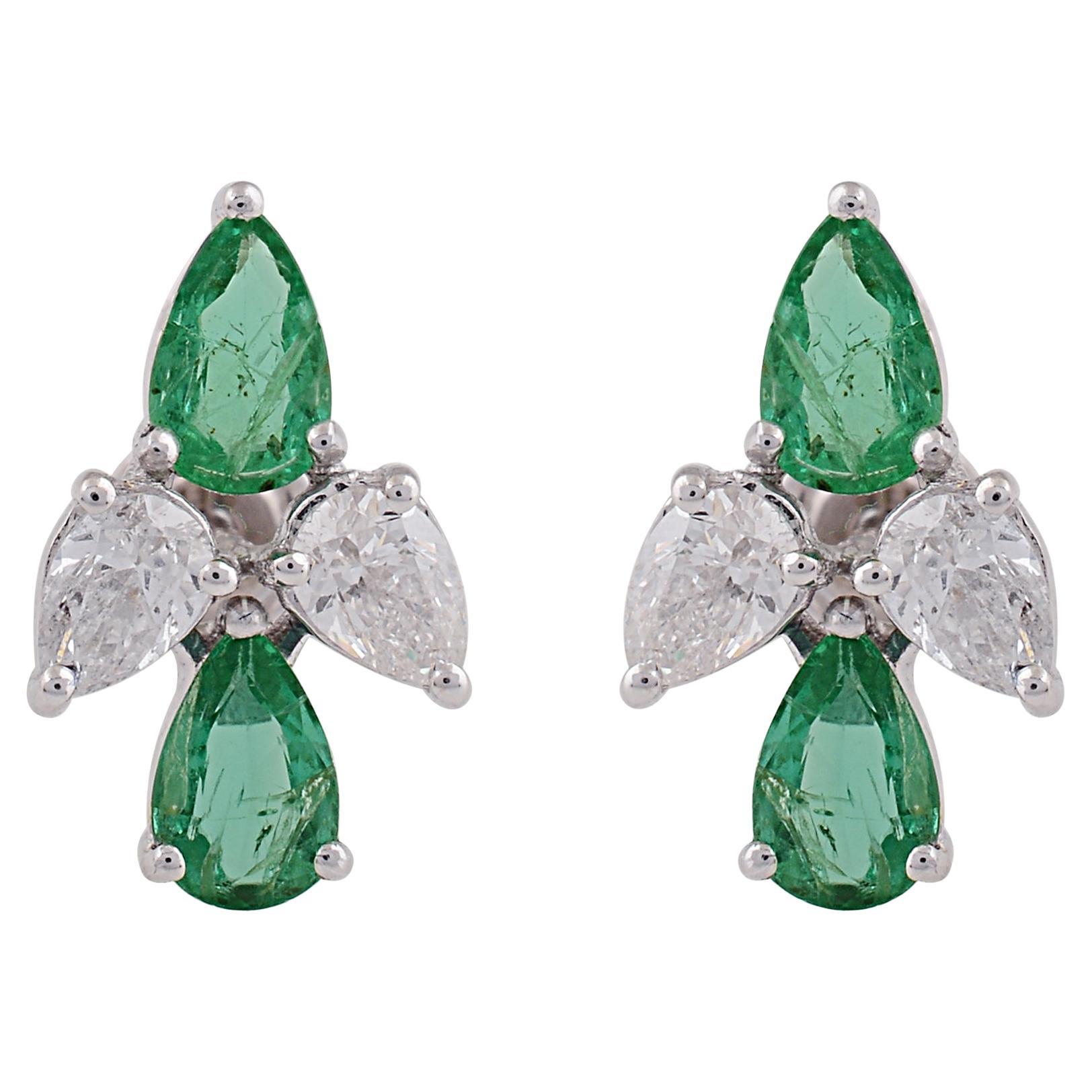 Natural Emerald Stud Earrings Diamond 18 Karat White Gold Handmade Jewelry