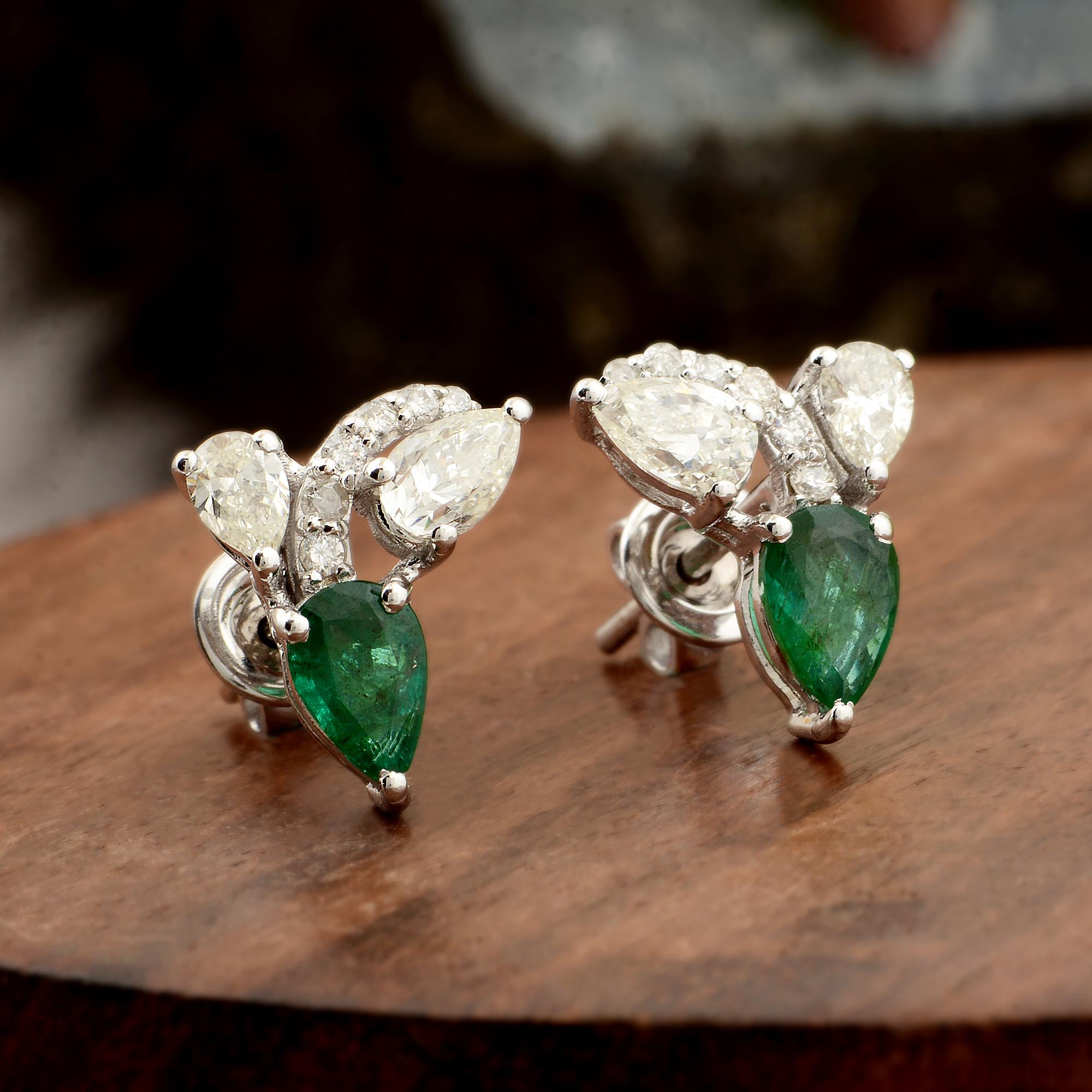 Modern Zambian Pear Emerald Stud Earrings Diamond Solid 14k White Gold Handmade Jewelry For Sale