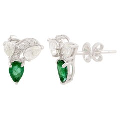 Pear Natural Emerald Stud Earrings Diamond Solid 14k White Gold Handmade Jewelry