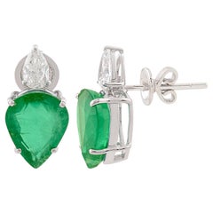 Pear Zambian Emerald Stud Earrings Pear Shape Diamond 14k White Gold Jewelry