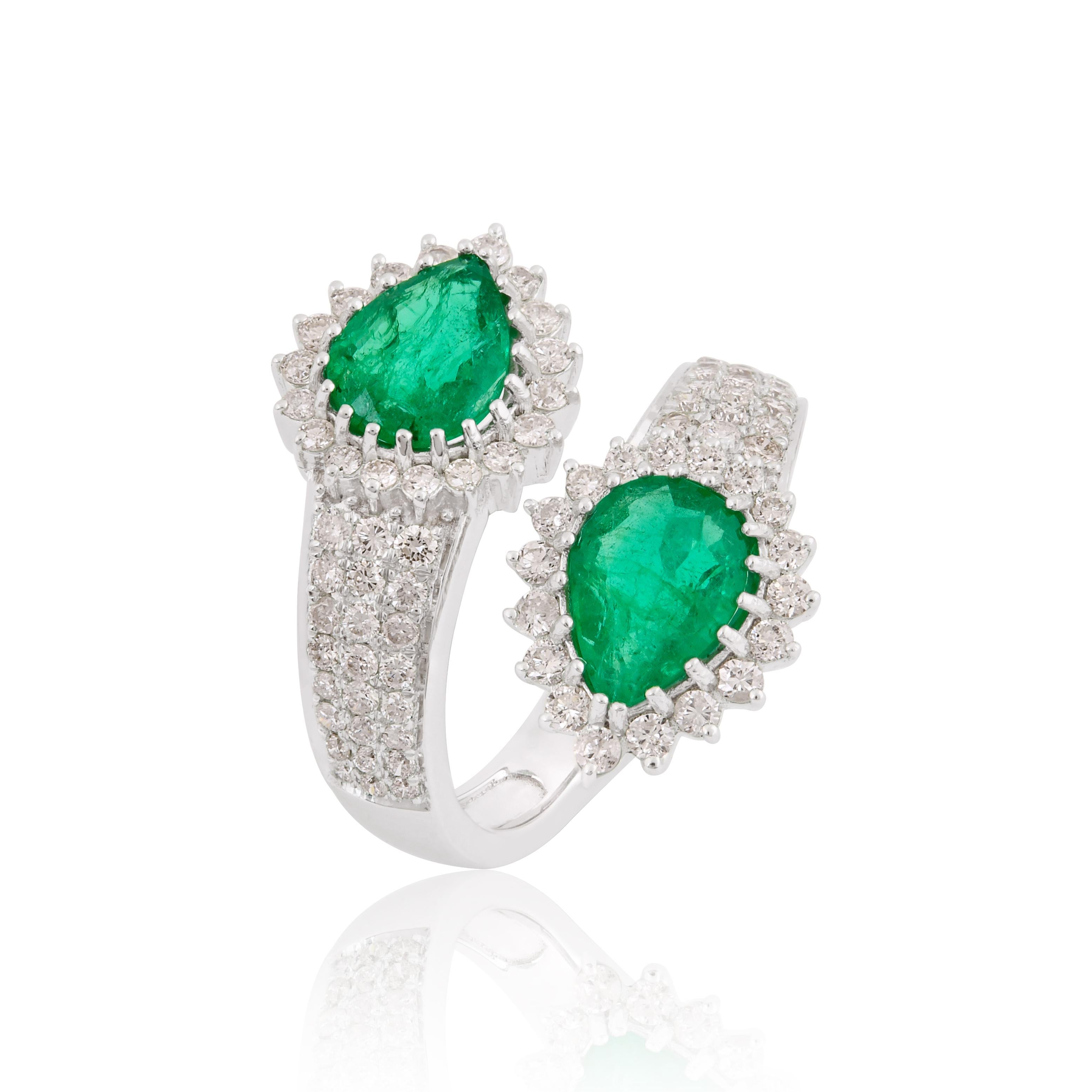 For Sale:  Pear Natural Emerald Wrap Ring Diamond Pave Solid 18k White Gold Fine Jewelry 2