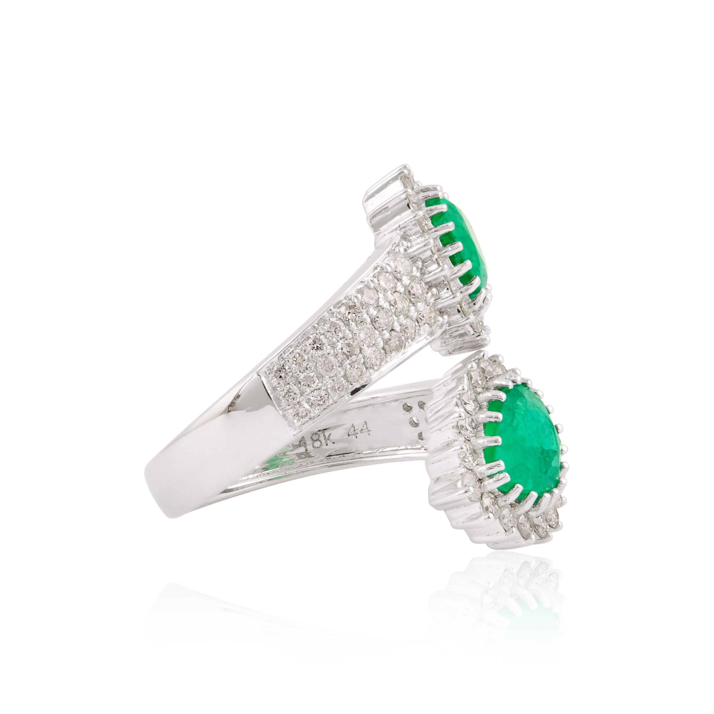 For Sale:  Pear Natural Emerald Wrap Ring Diamond Pave Solid 18k White Gold Fine Jewelry 3