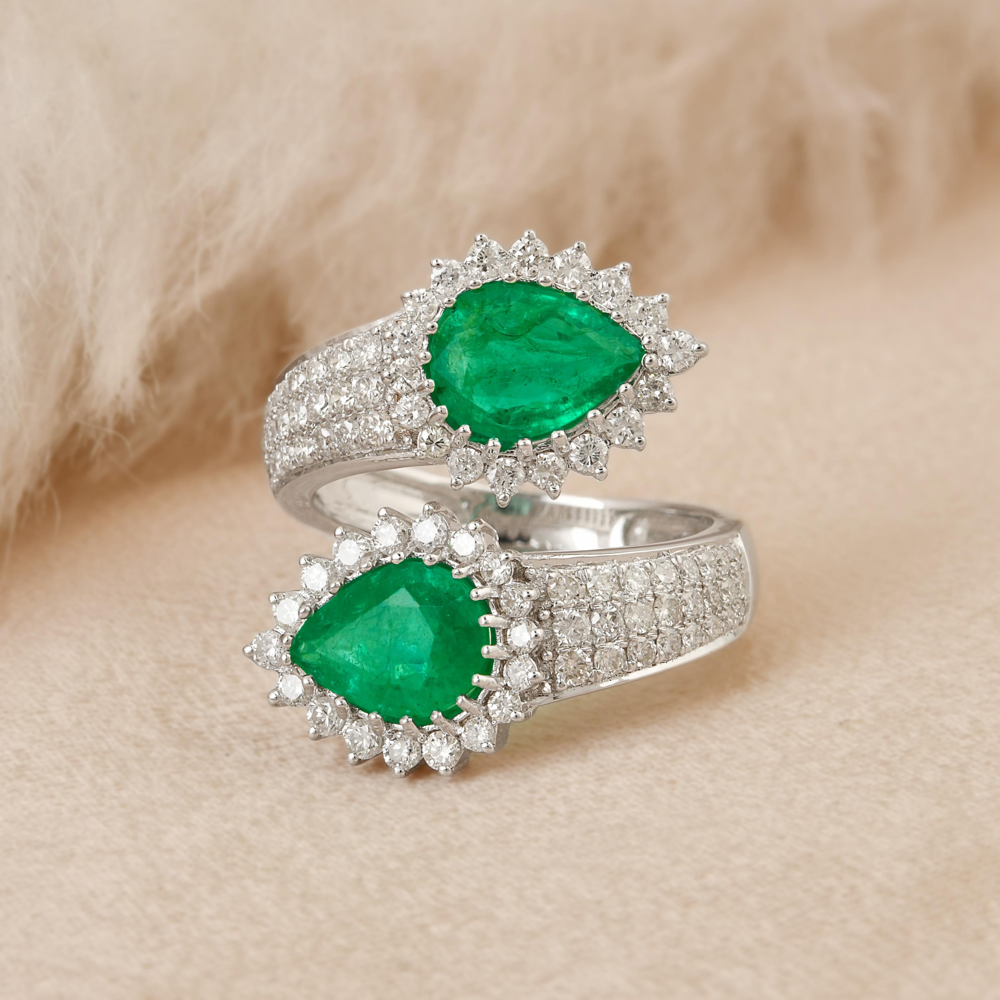 For Sale:  Pear Natural Emerald Wrap Ring Diamond Pave Solid 18k White Gold Fine Jewelry 4
