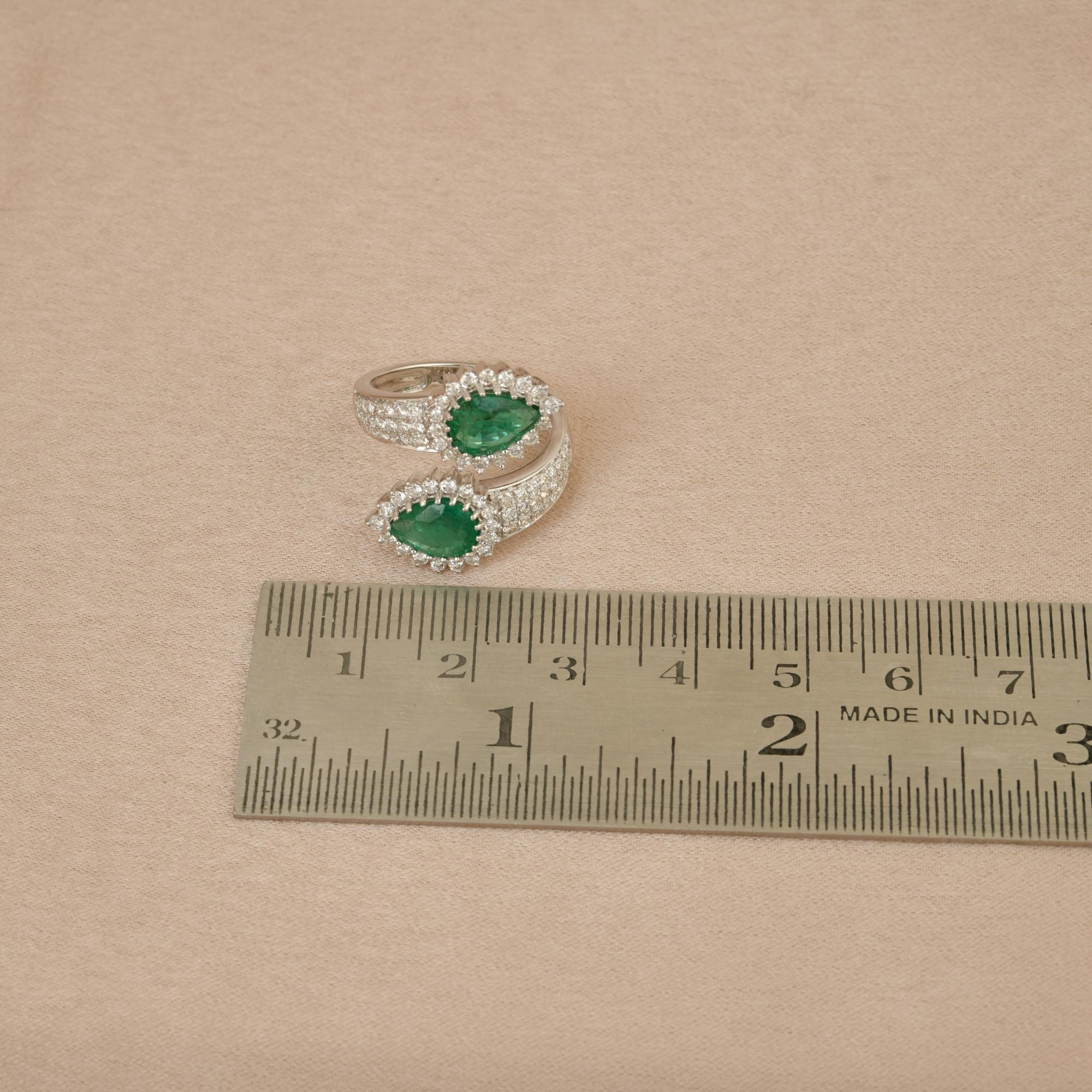 For Sale:  Pear Natural Emerald Wrap Ring Diamond Pave Solid 18k White Gold Fine Jewelry 7
