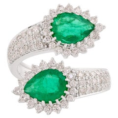 Pear Natural Emerald Wrap Ring Diamond Pave Solid 18k White Gold Fine Jewelry