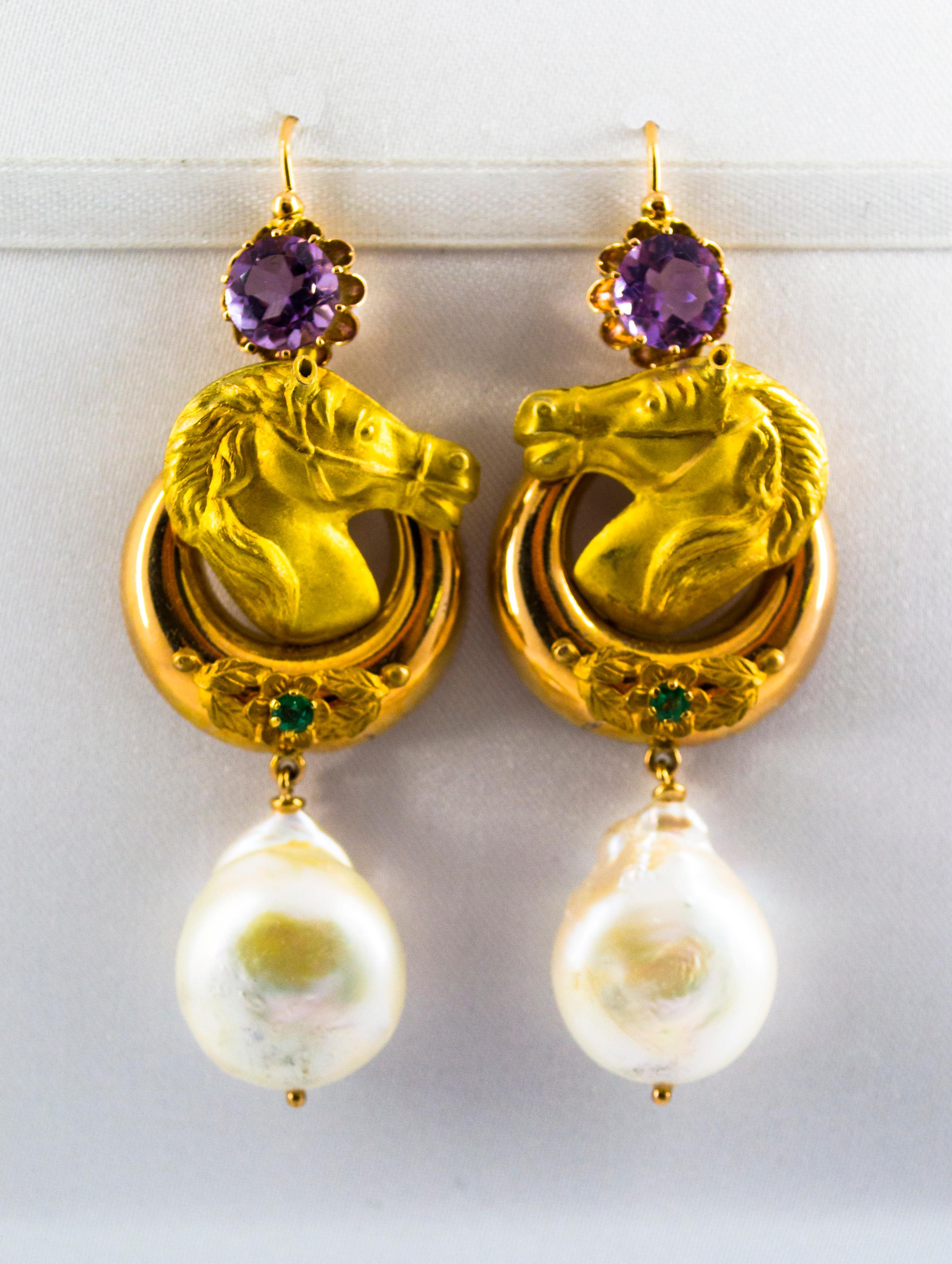 These Earrings are made of 14K Yellow Gold.
These Earrings have 0.20 Carats of Emeralds.
These Earrings have two Pearls.
These Earrings have Amethyst.
All our Earrings have pins for pierced ears but we can change the closure and make any of our