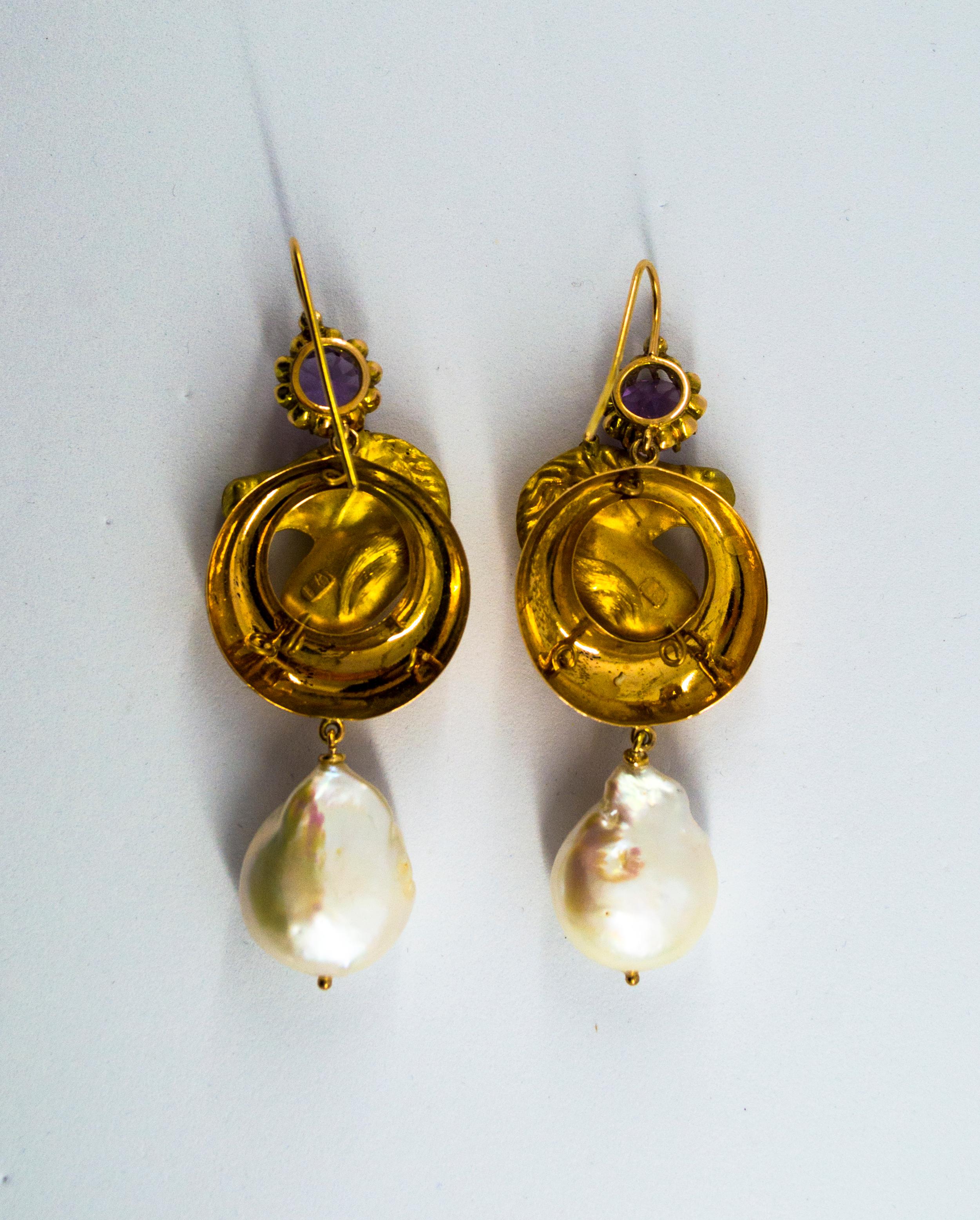 Women's or Men's Pearl 0.20 Carat Emerald Amethyst Yellow Gold Stud 