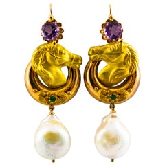 Retro Pearl 0.20 Carat Emerald Amethyst Yellow Gold Stud "Horses" Earrings