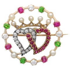 Victorian Pearl, Garnet, Ruby and Diamond Brooch in 14k Gold