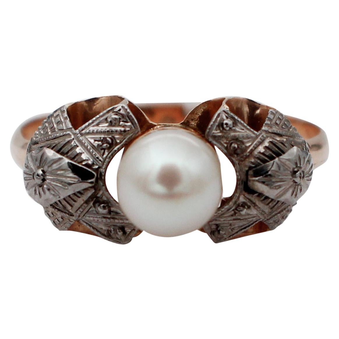 Pearl, 14 Karat White and Rose Gold Ring For Sale