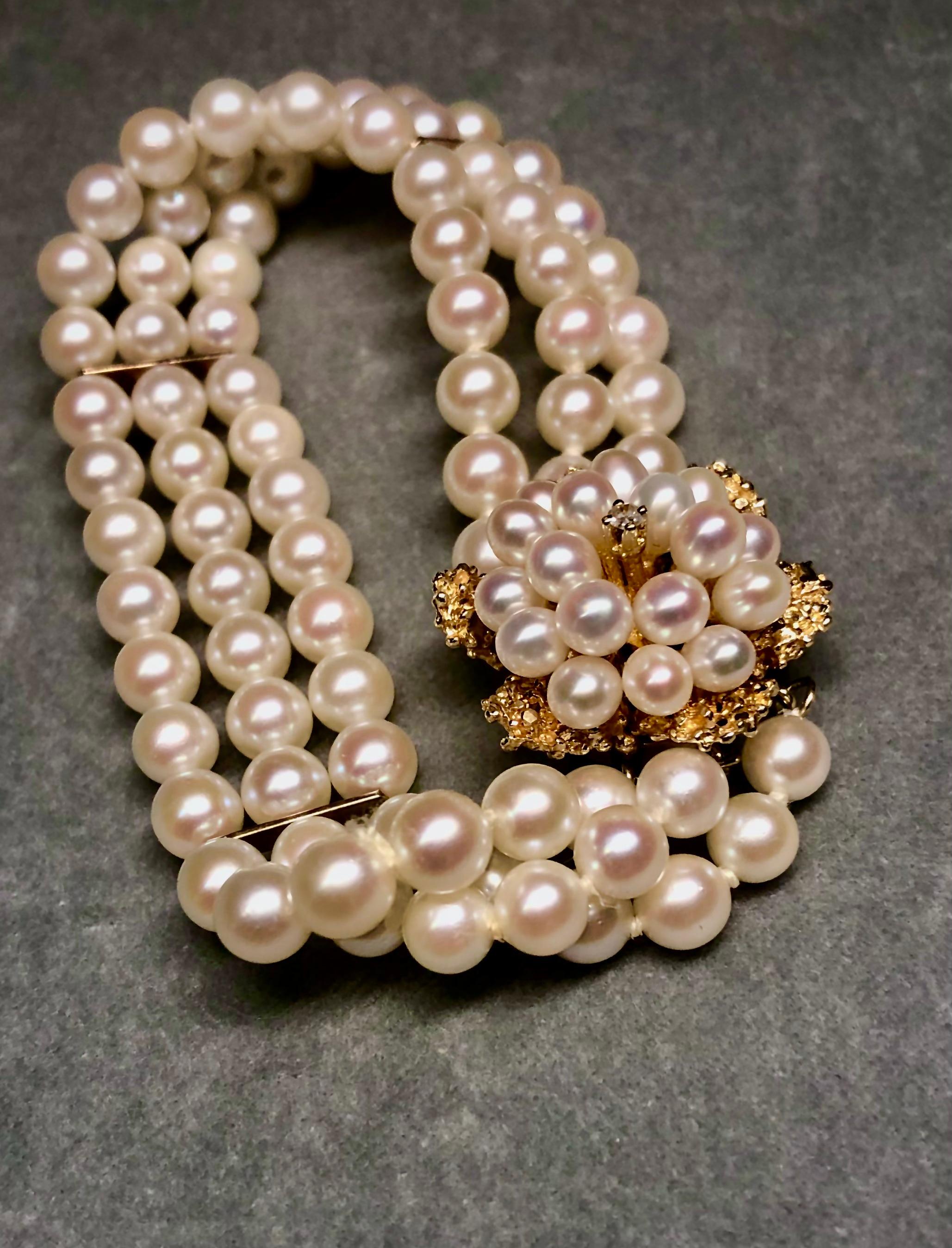 Post-War Pearl, 14kt gold and diamond bracelet For Sale