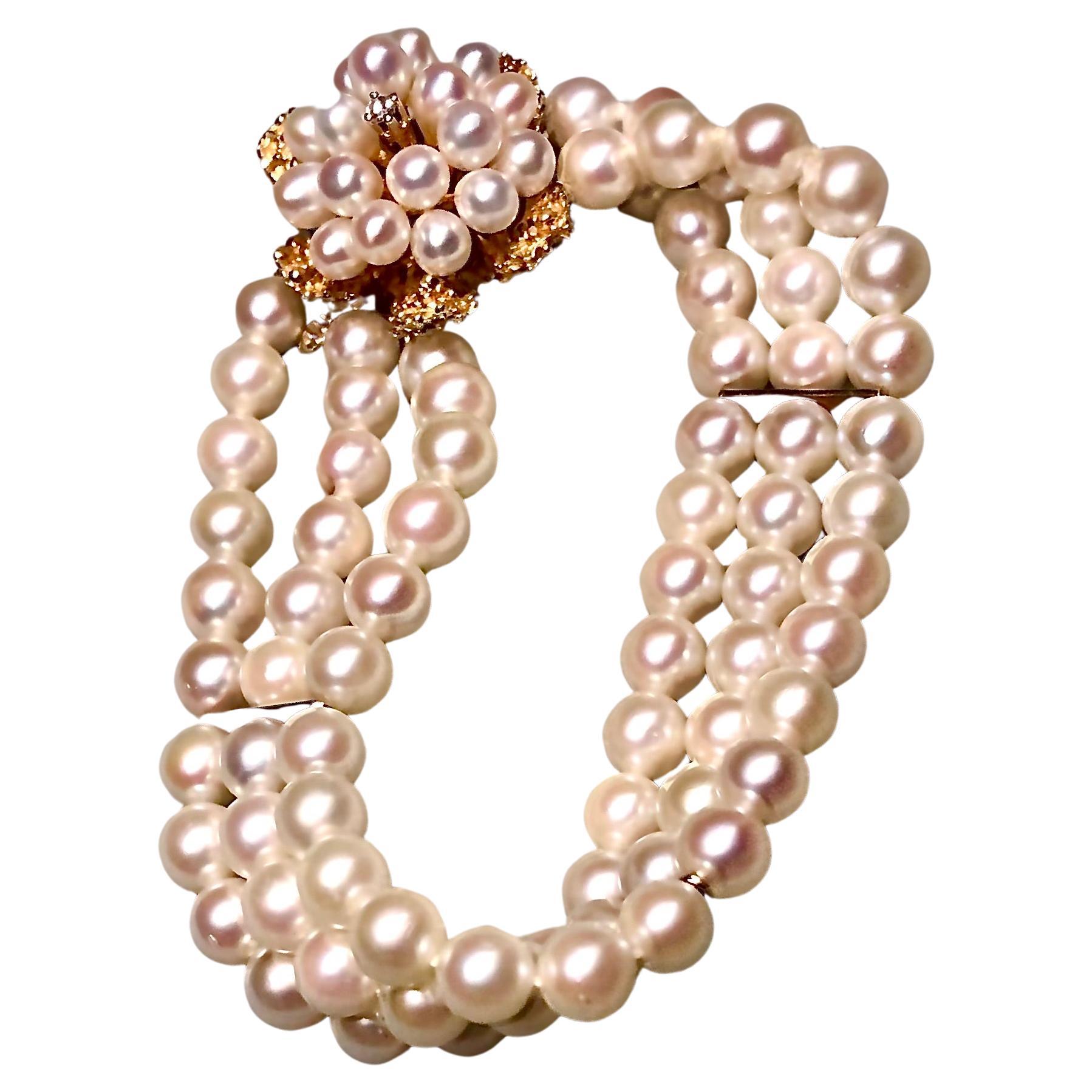 Pearl, 14kt gold and diamond bracelet For Sale