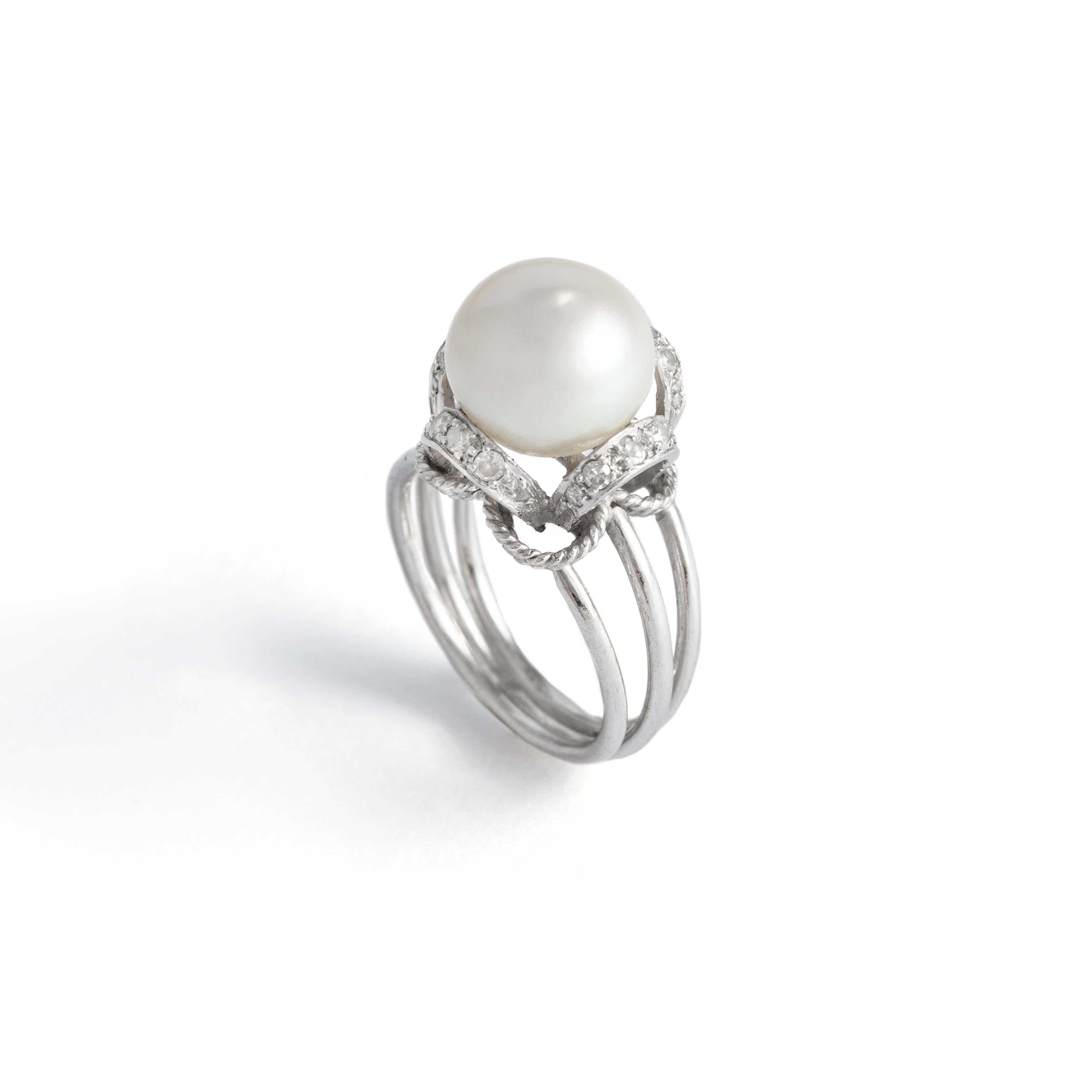 Bead Pearl 18k White Gold Ring For Sale