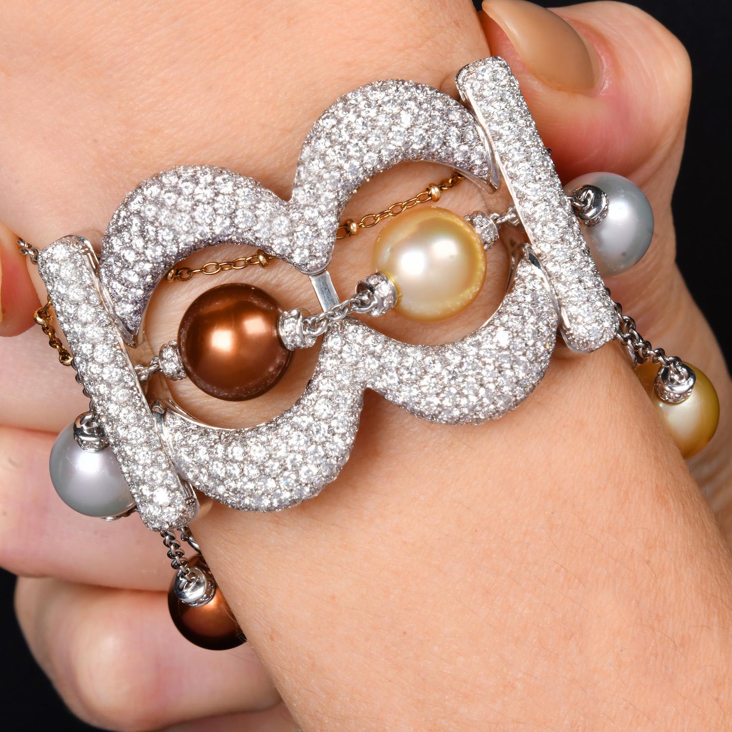 Perle 20,64 Karat Diamant Multi-Row Statement breites Goldarmband (Rundschliff) im Angebot