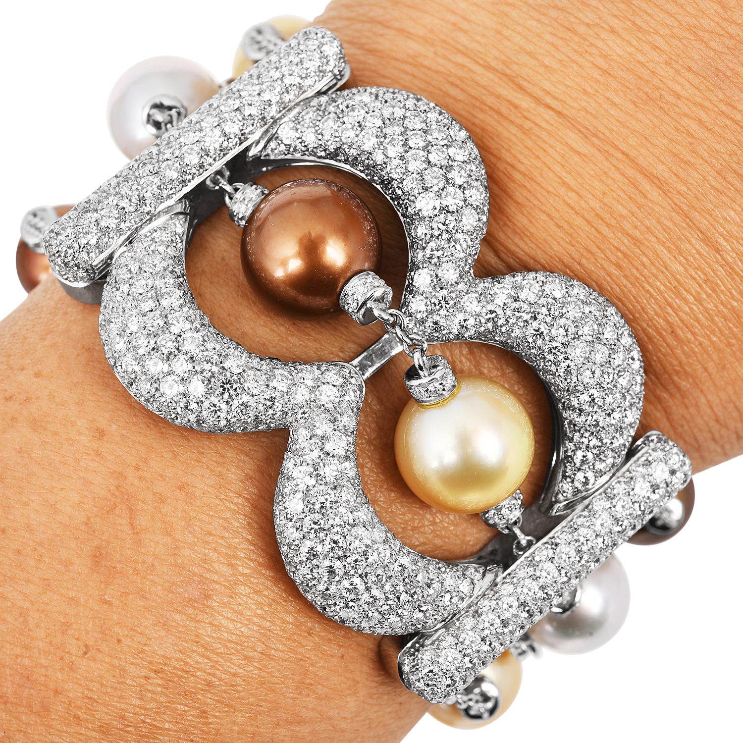 Perle 20,64 Karat Diamant Multi-Row Statement breites Goldarmband im Angebot 3
