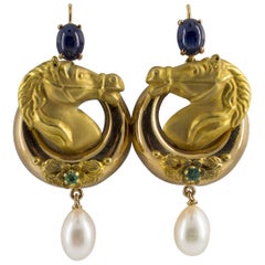 Vintage Pearl 2.30 Carat Emerald Blue Sapphire Yellow Gold Stud Drop "Horses" Earrings