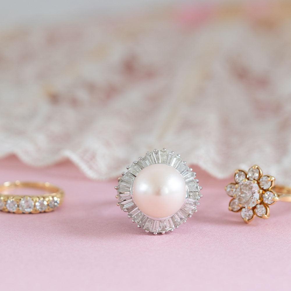 Baguette Cut Pearl 2.35ct Diamond 18ct White Gold Ballerina Ring For Sale