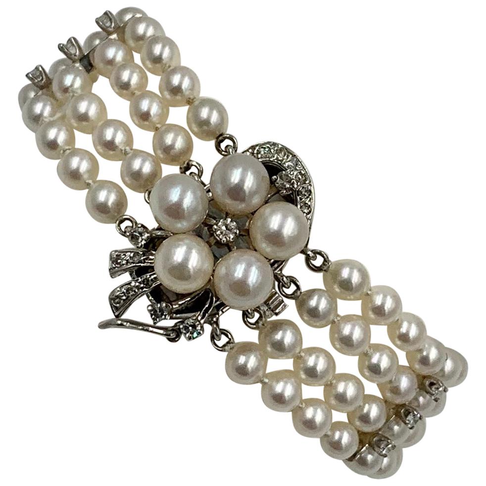 Bracelet perle 26 diamants or blanc 14 carats Retro Hollywood Regency