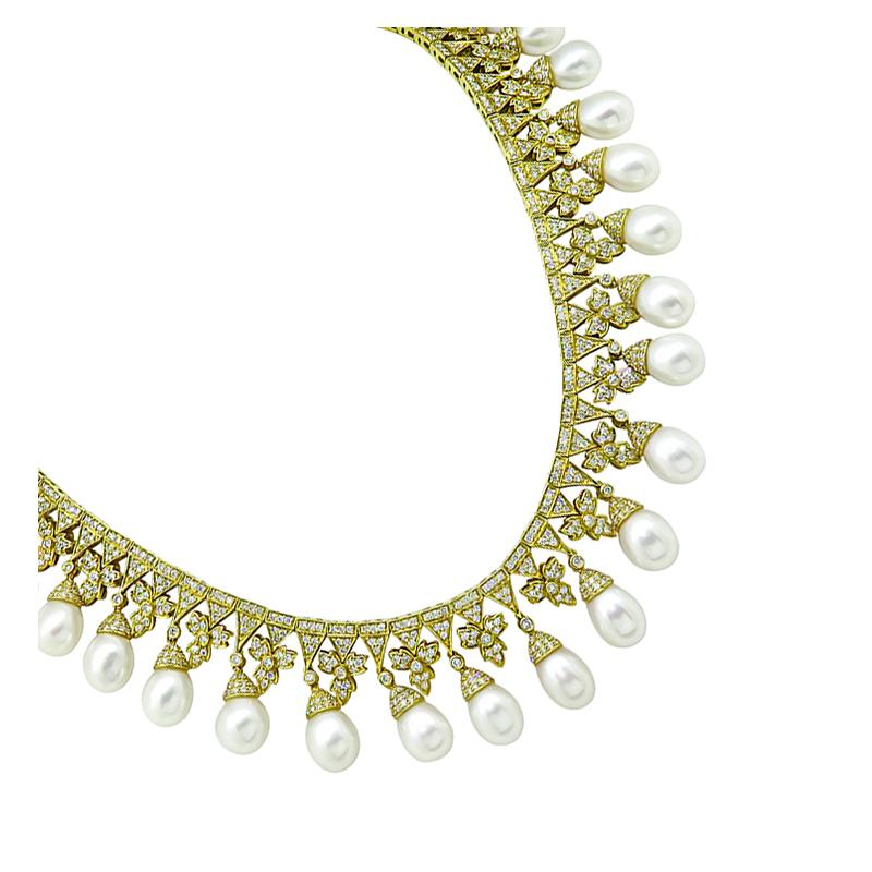 Round Cut Pearl 27.00ct Diamond Gold Necklace For Sale