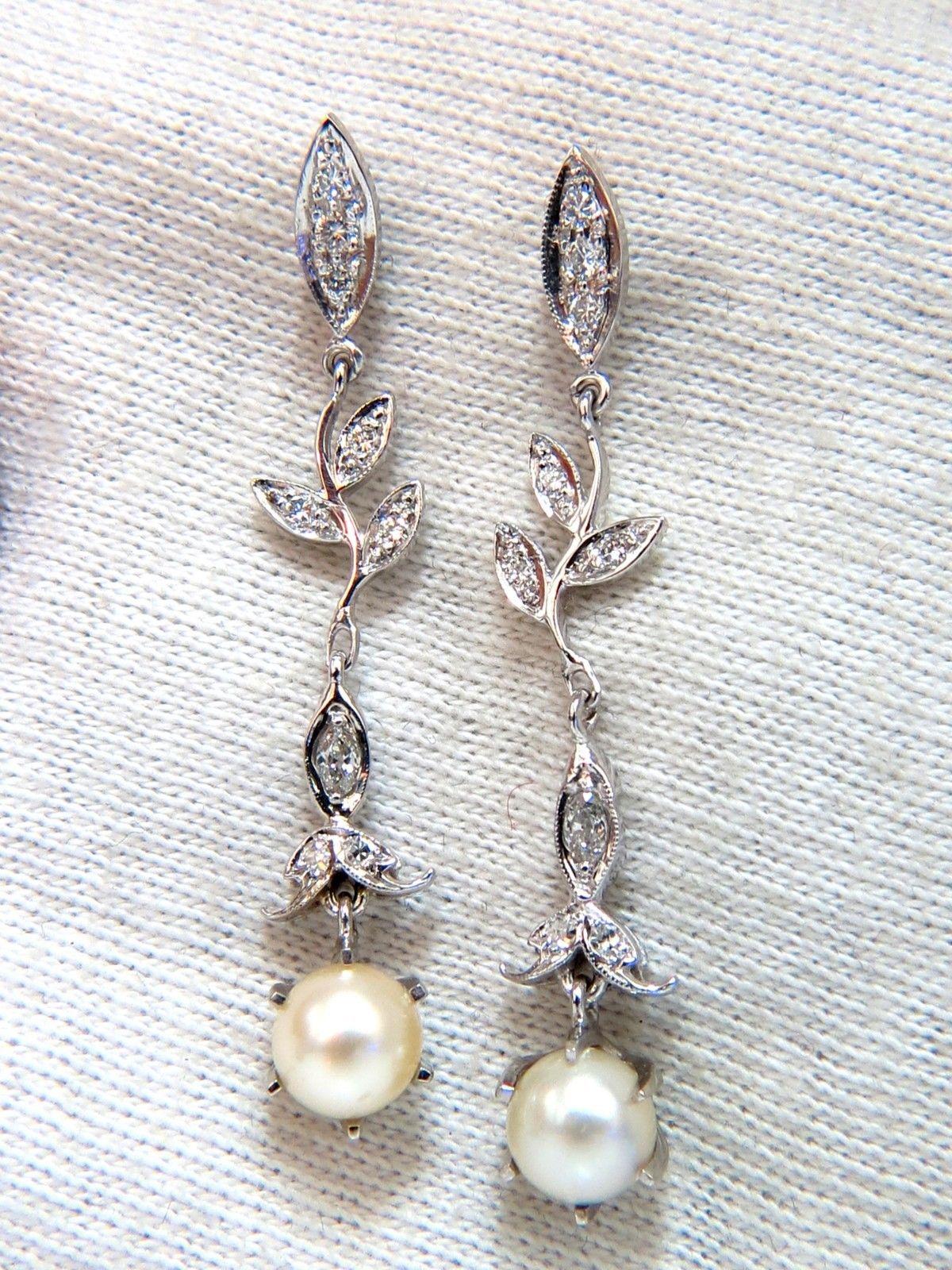 Pearl .50 Carat Natural Diamonds Floral Drop Dangle Earrings 14 Karat In New Condition In New York, NY