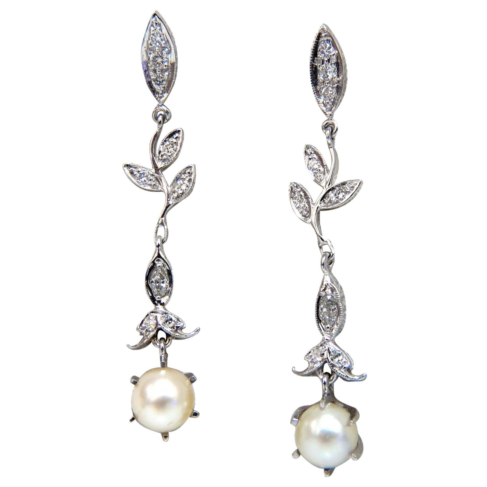 Pearl .50 Carat Natural Diamonds Floral Drop Dangle Earrings 14 Karat