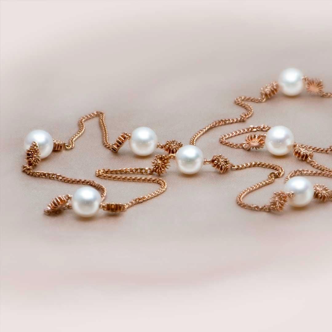 The ‘Soleil’ Pearl Necklace by Natalie Barney features 7mm Freshwater Pearls with fine sun shapes. It is the perfect discreet piece for everyday wear and comes with the matching bracelet and drop earrings. Can be worn at both 52cm and 55cm.

Made in