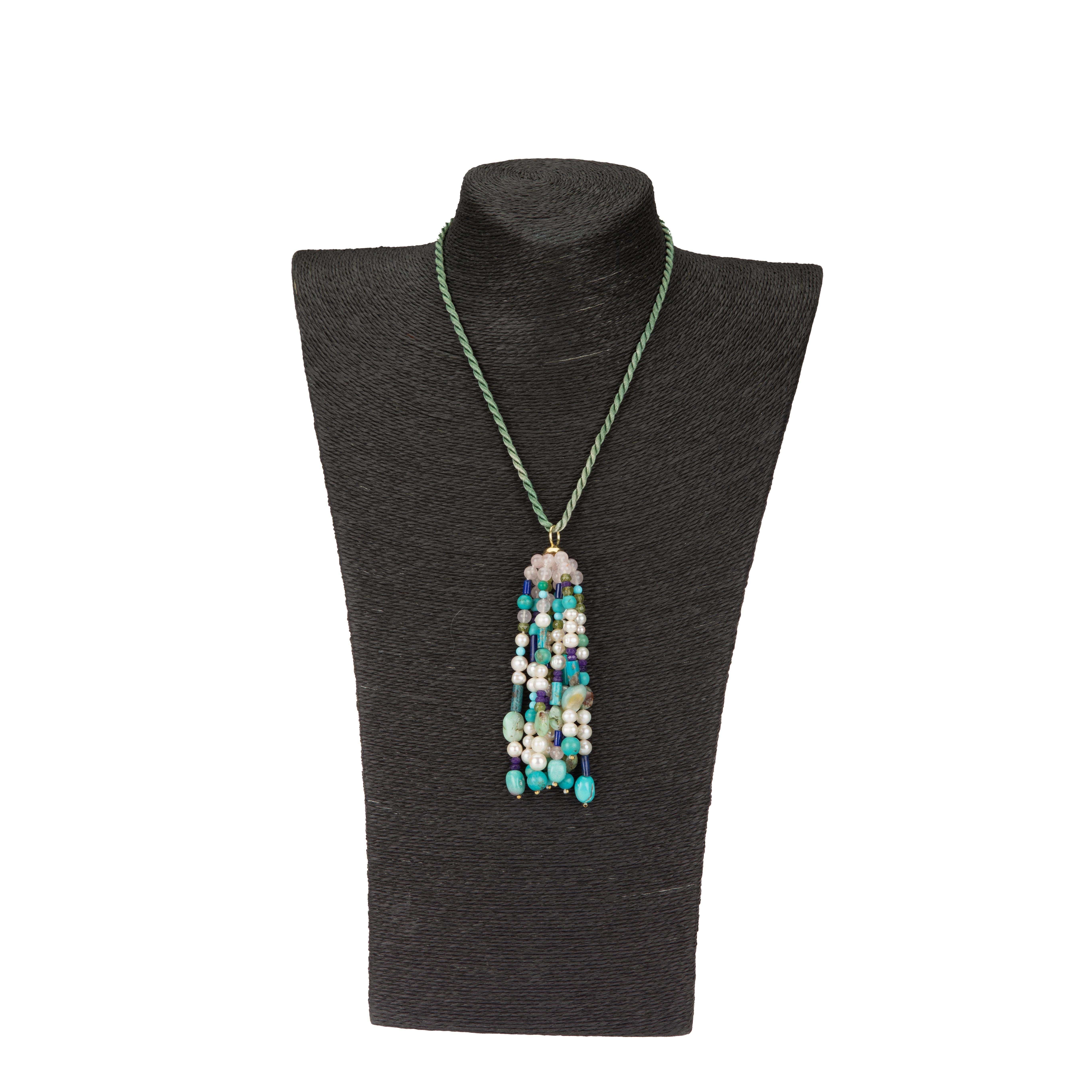 Fringe pendant mixed stone natural pearls, amazonite, lapis, turquoise,  faced vesuvianite Gold 18k gr.3,40.
We deliver the pieces with nice silk string, but you can order gold necklace upon request.
All Giulia Colussi jewelry is new and has never
