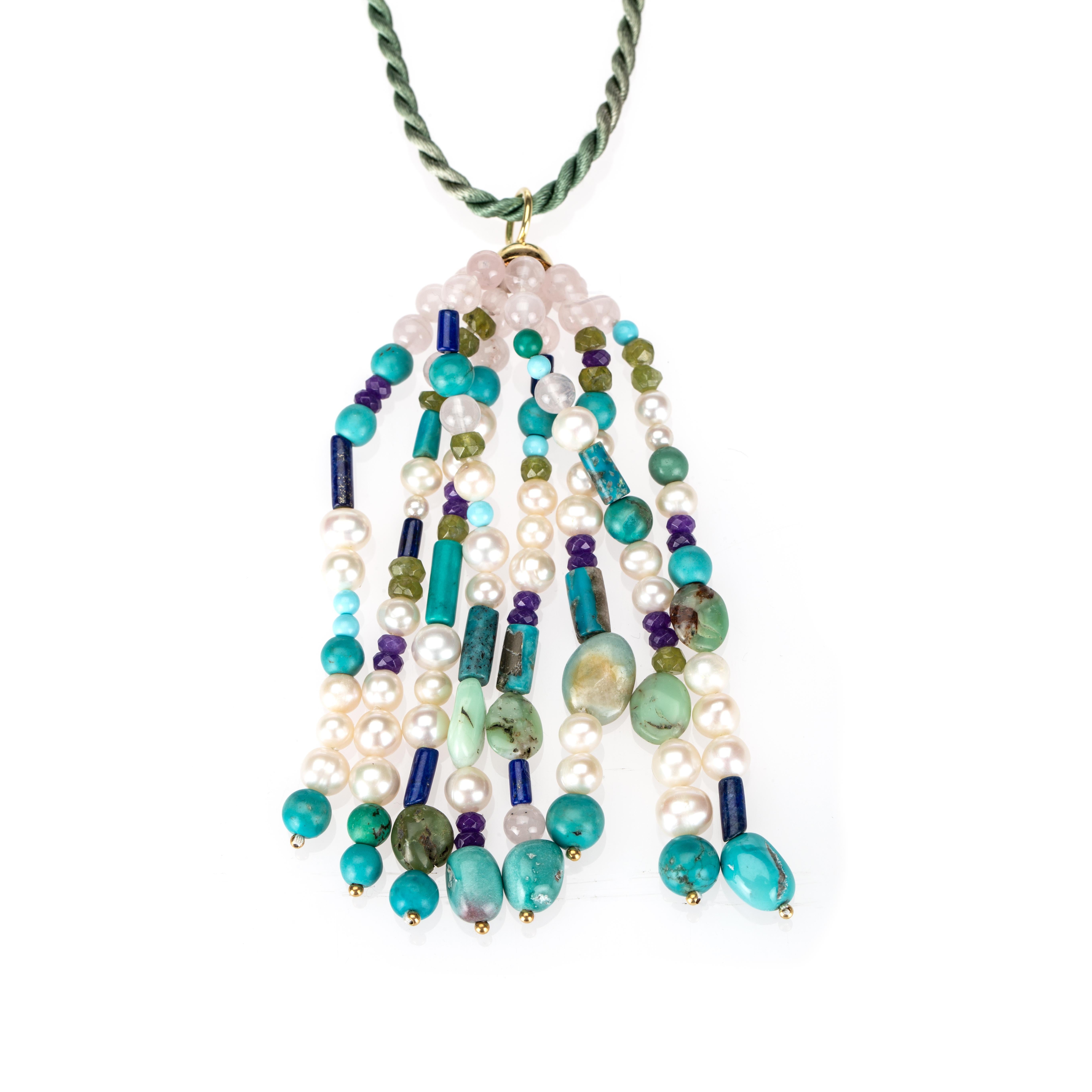 Artisan Pearl, Amazonite, Turquoise, Lapis 18k Gold Pendant For Sale