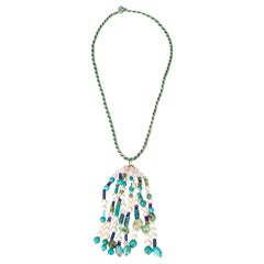 Pendentif en or 18 carats avec perles, amazonites, turquoises et lapis