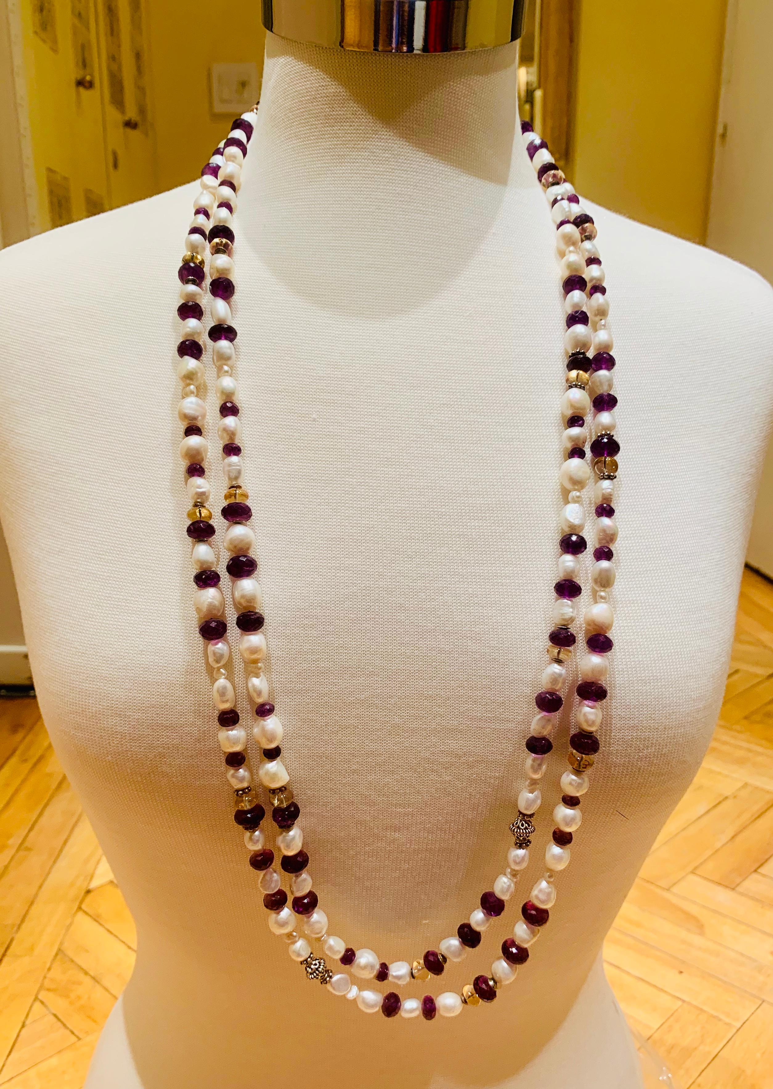 Contemporain Collier de perles de 183 cm de long, d'améthyste et de citrine en vente