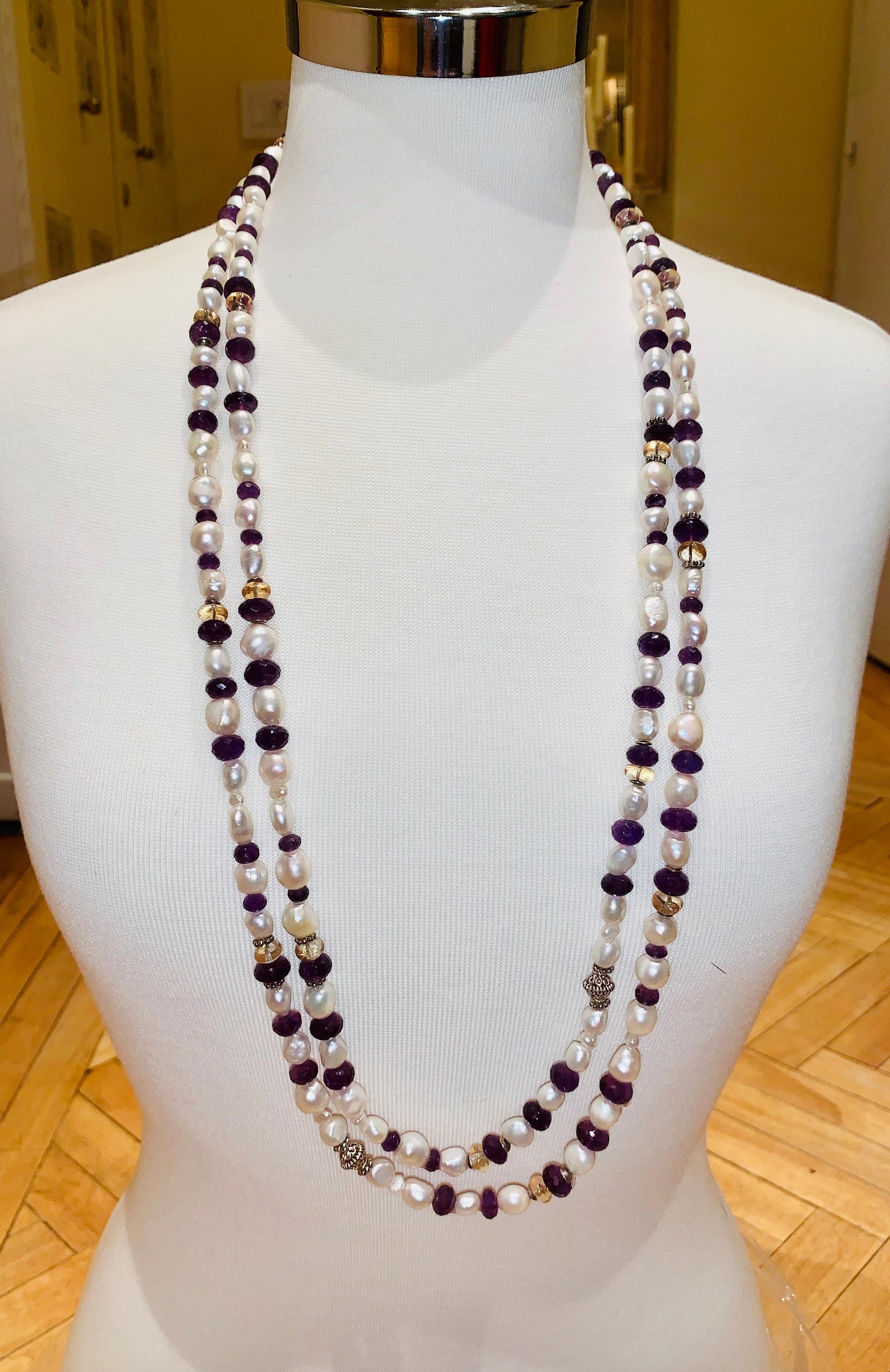 Taille coussin Collier de perles de 183 cm de long, d'améthyste et de citrine en vente