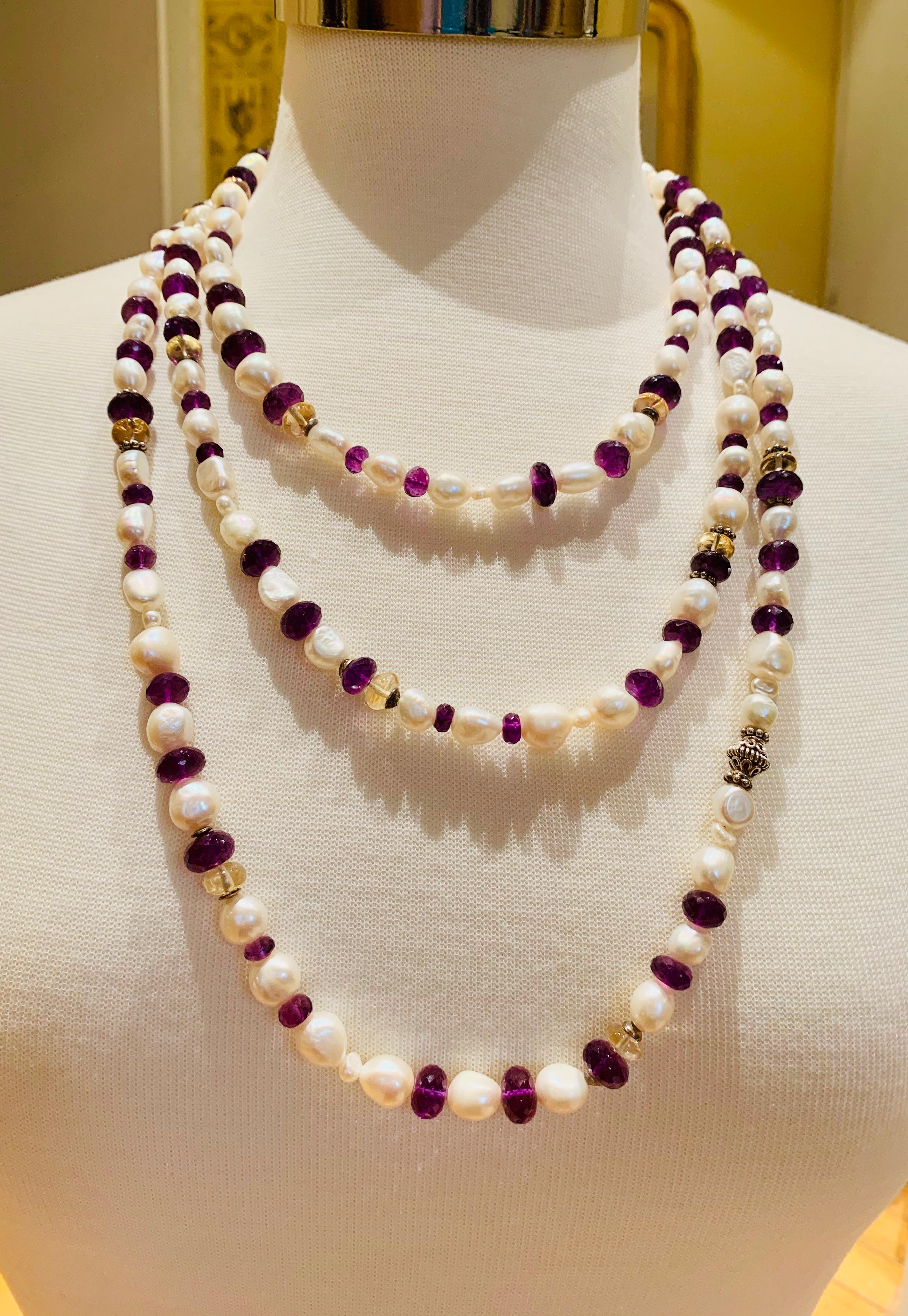 Collier de perles de 183 cm de long, d'améthyste et de citrine Unisexe en vente