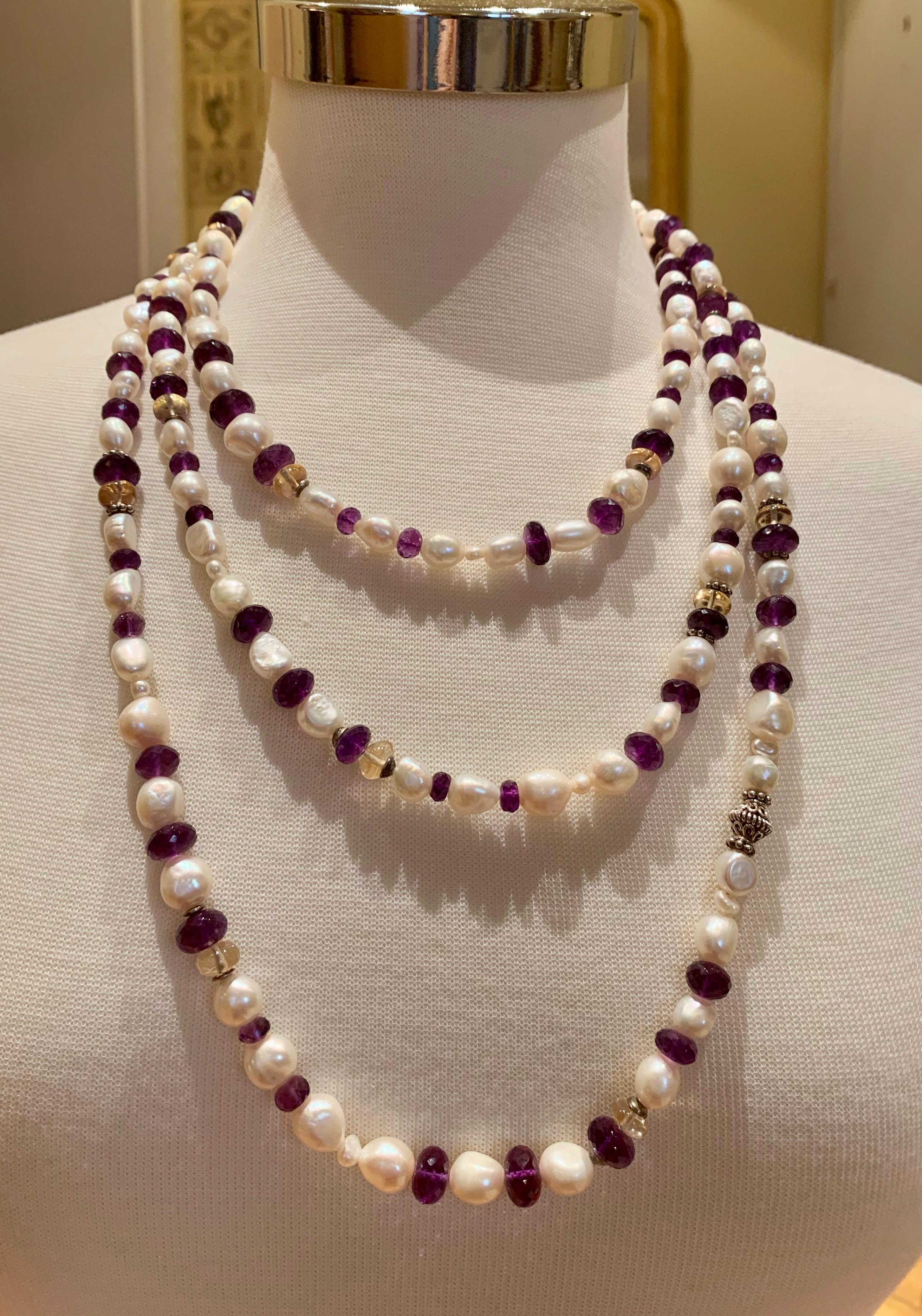 Collier de perles de 183 cm de long, d'améthyste et de citrine en vente 1