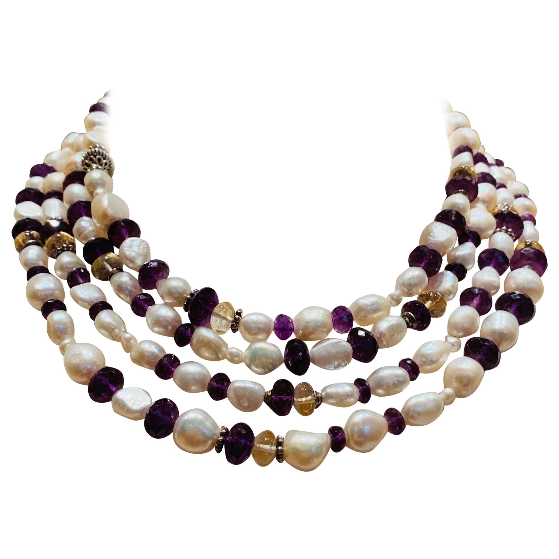 Collana lunga 72" di perle, ametista e citrino