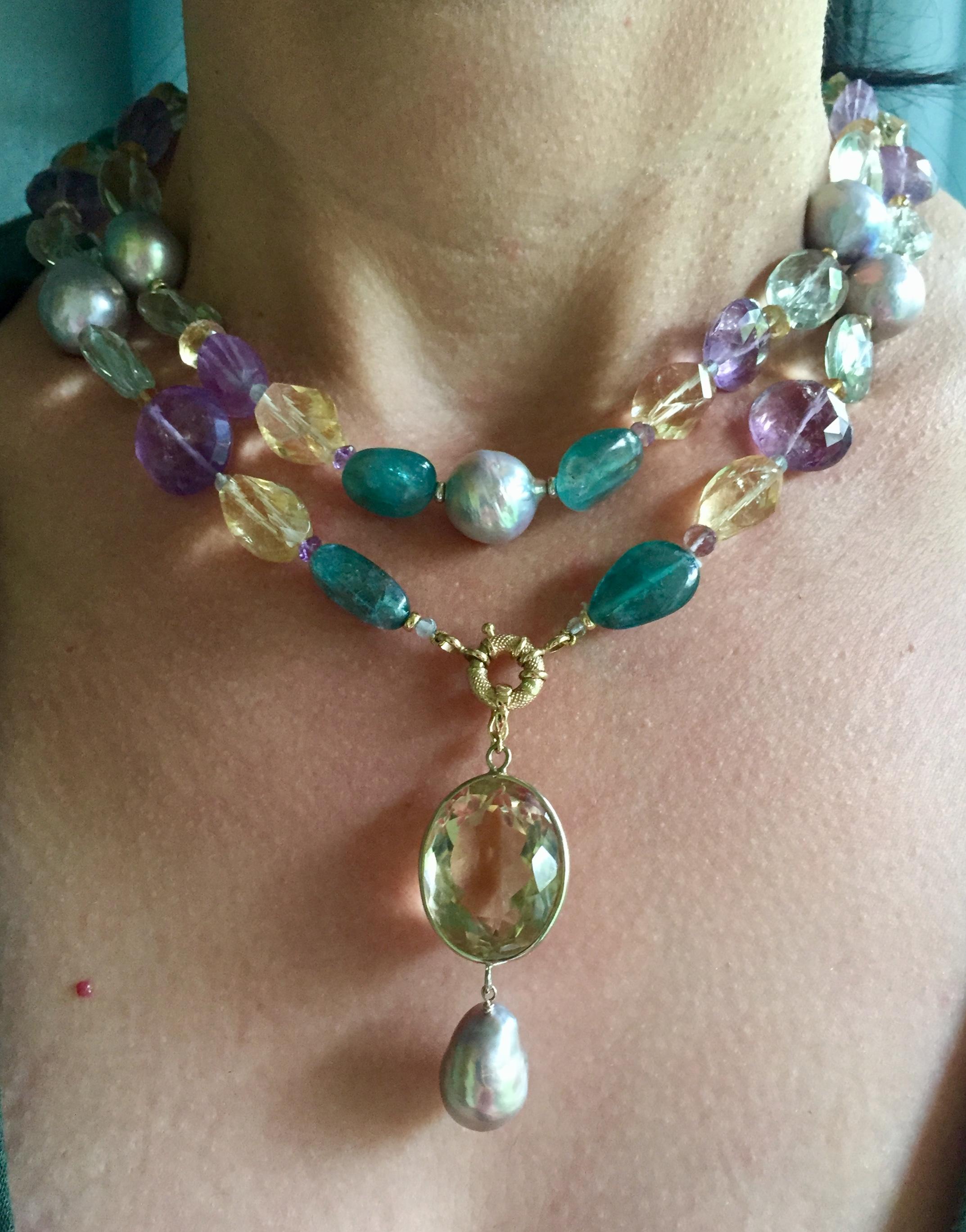 Artist Marina J. Pearl, Amethyst & Citrine Necklace with 14k Gold & Removable Pendant