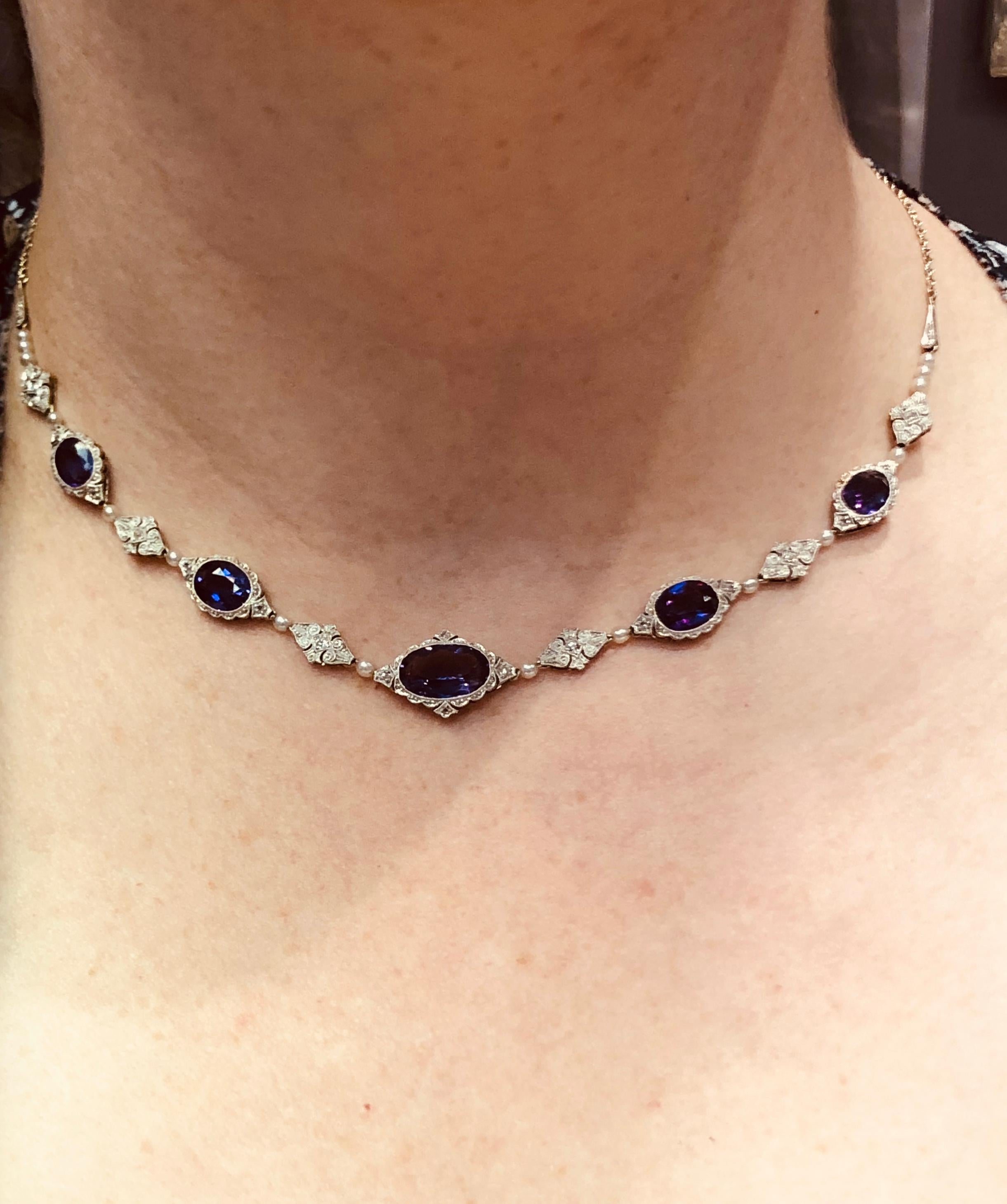 Pearl Amethyst Diamond Antique Necklace In Excellent Condition In New York, NY