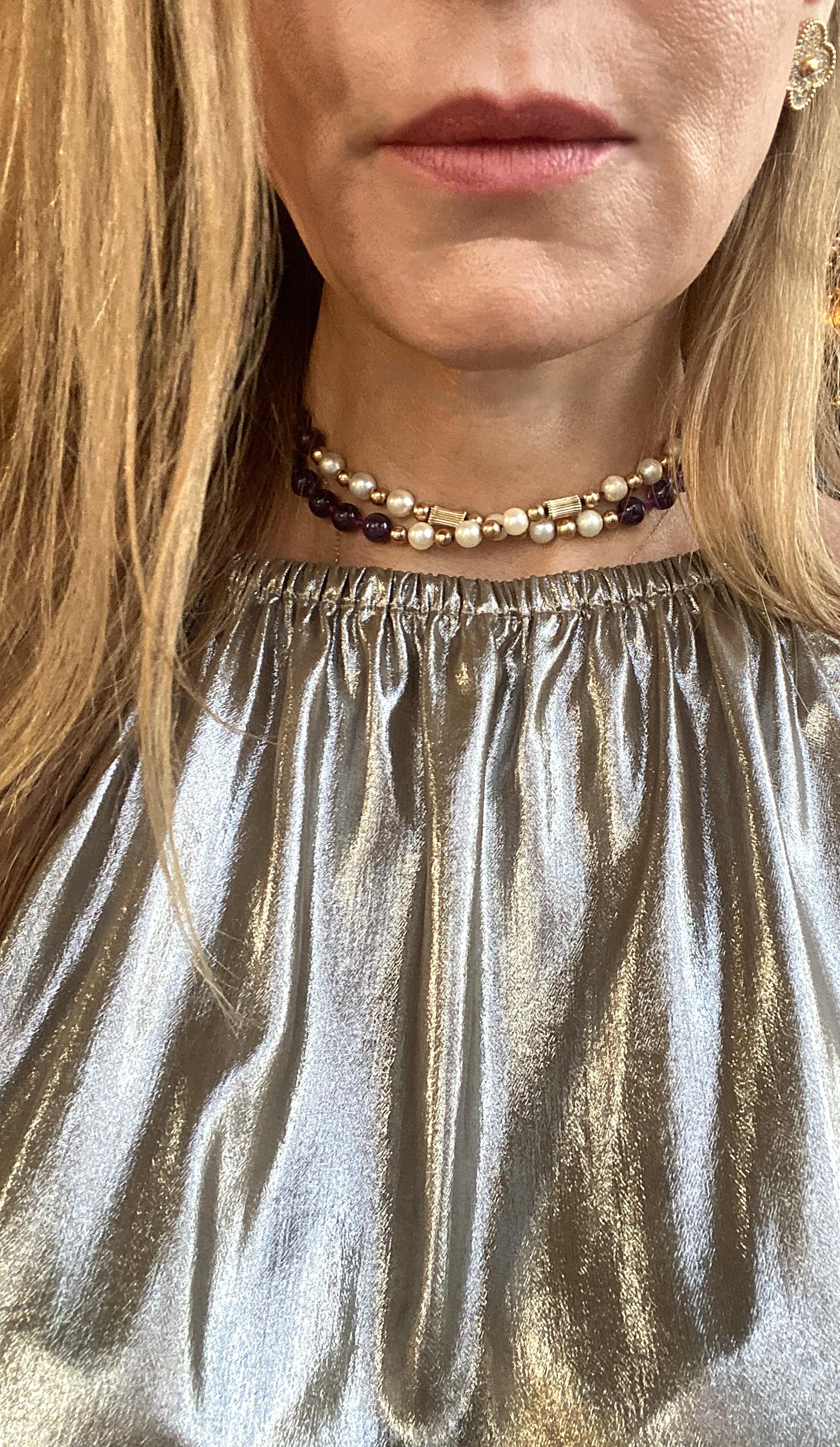Pearl Amethyst Gold Bead Necklace or Choker For Sale 2
