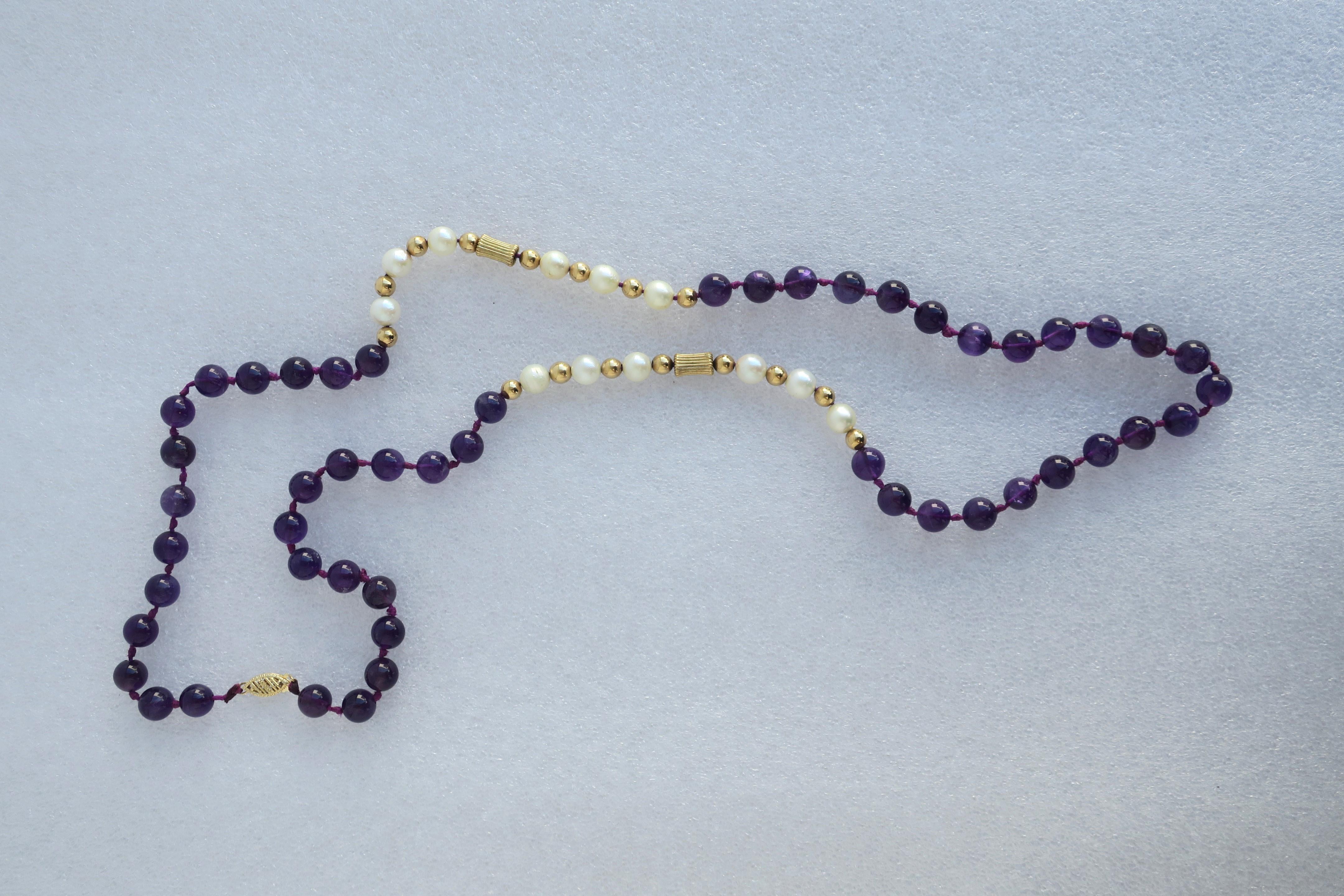 Round Cut Pearl Amethyst Gold Bead Necklace or Choker For Sale