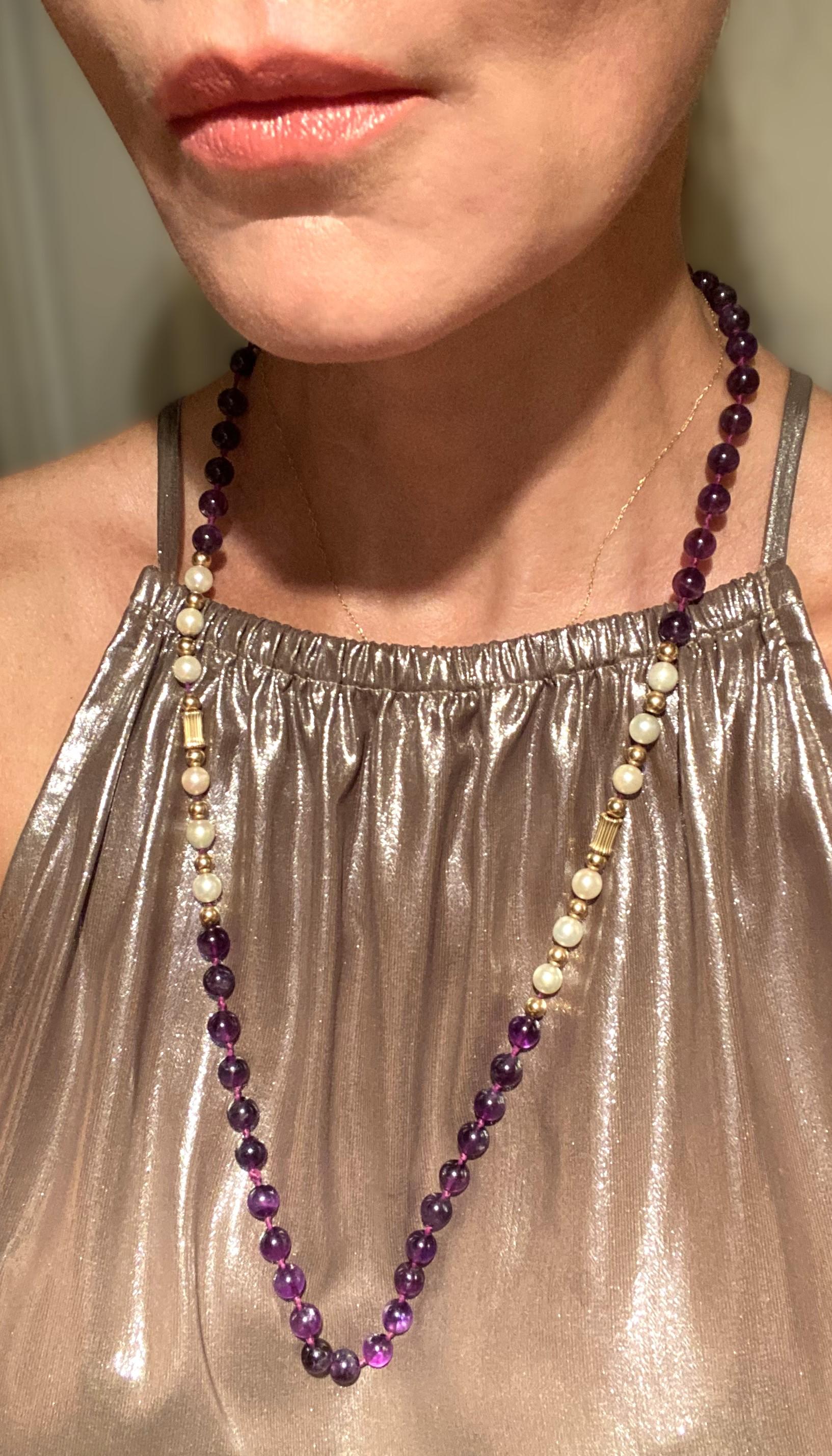 Women's or Men's Pearl Amethyst Gold Bead Necklace or Choker For Sale