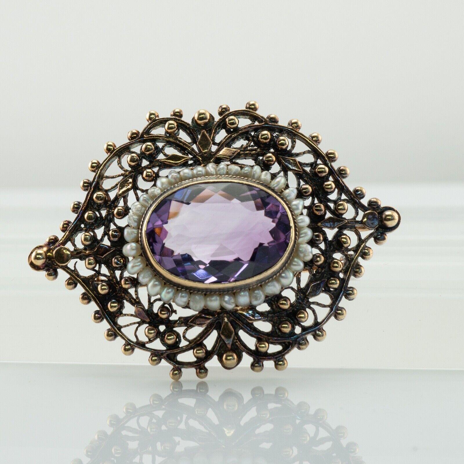 Pearl Amethyst Large Pendant Brooch 14K Gold Vintage In Good Condition In East Brunswick, NJ