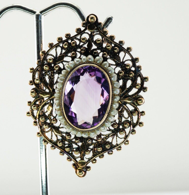 Pearl Amethyst Large Pendant Brooch 14K Gold Vintage For Sale at 1stDibs