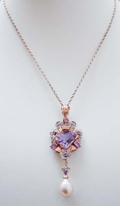 Pearl, Amethysts, Diamonds, Rose Gold and Silver Pendant.