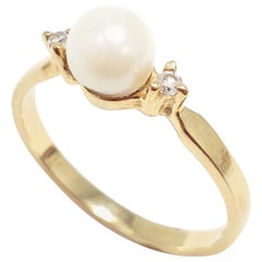 Pearl and .02 Carat Diamond 14 Karat Gold Ring, Band, circa Late 1900s