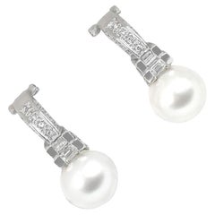 Pearl and 0.30ct Baguette Cut Diamonds Earrings, 18K White Gold