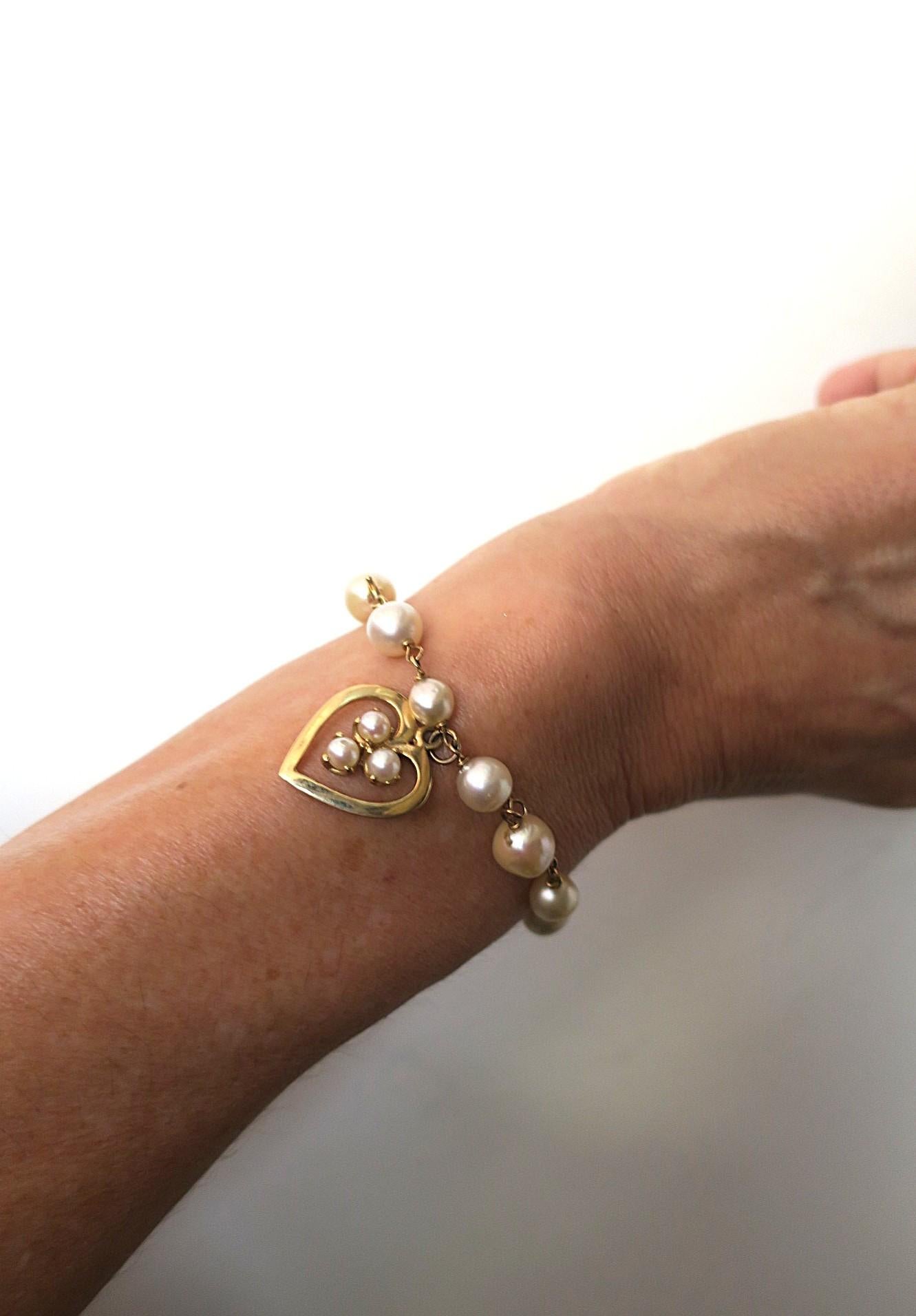 Bracciale con perle e cuore in oro 14 carati in vendita 3