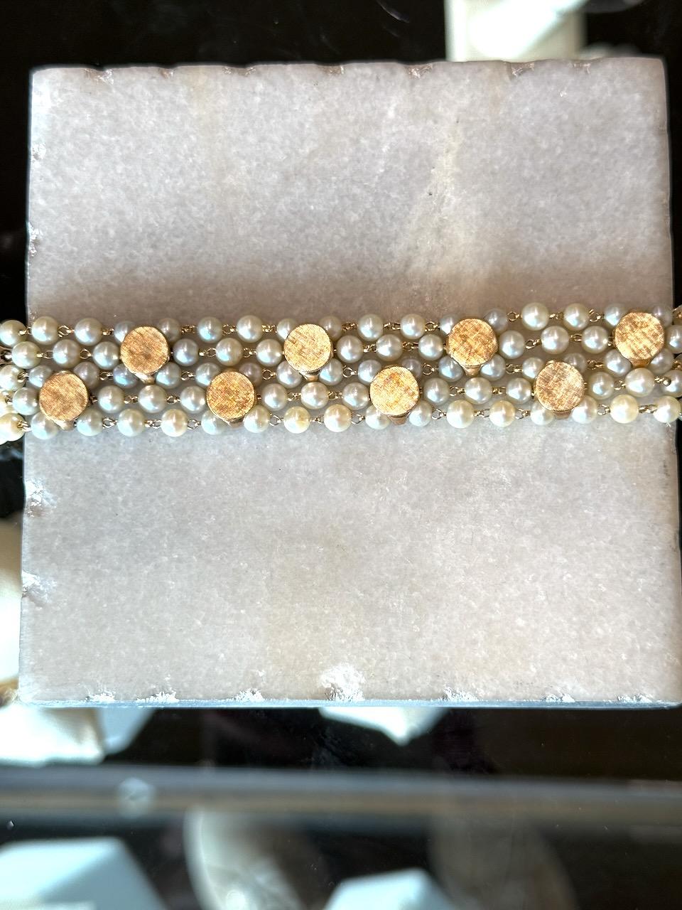 Bracelet vintage à 5 brins en or jaune 14 carats et perles en vente 5