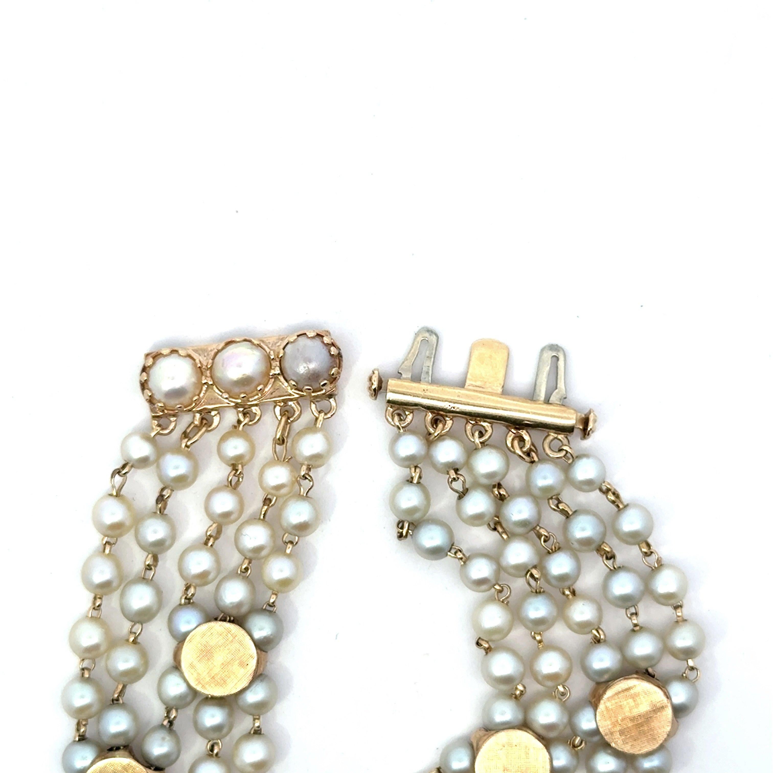 Bracelet vintage à 5 brins en or jaune 14 carats et perles Bon état - En vente à Los Angeles, CA