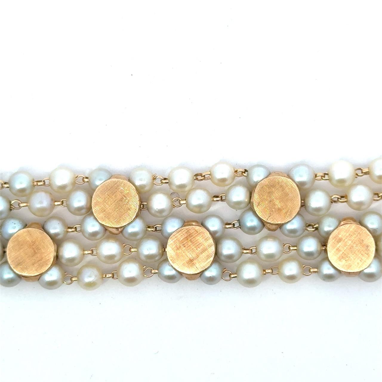 Bracelet vintage à 5 brins en or jaune 14 carats et perles Pour femmes en vente
